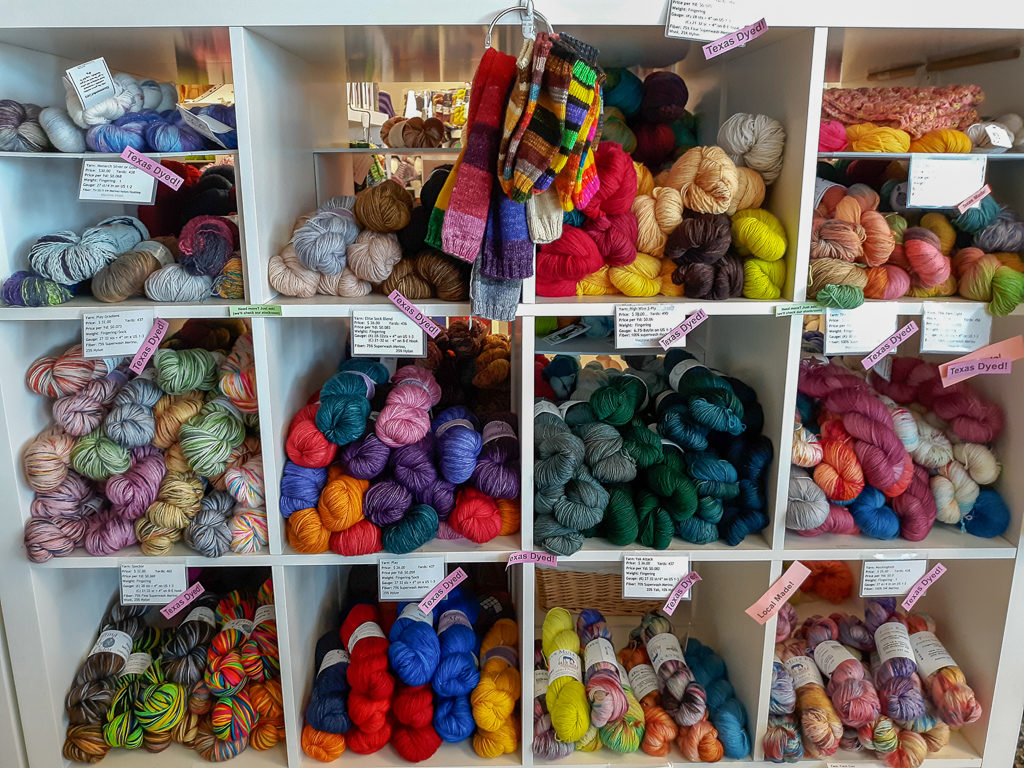 Display of fingering yarn on shelves