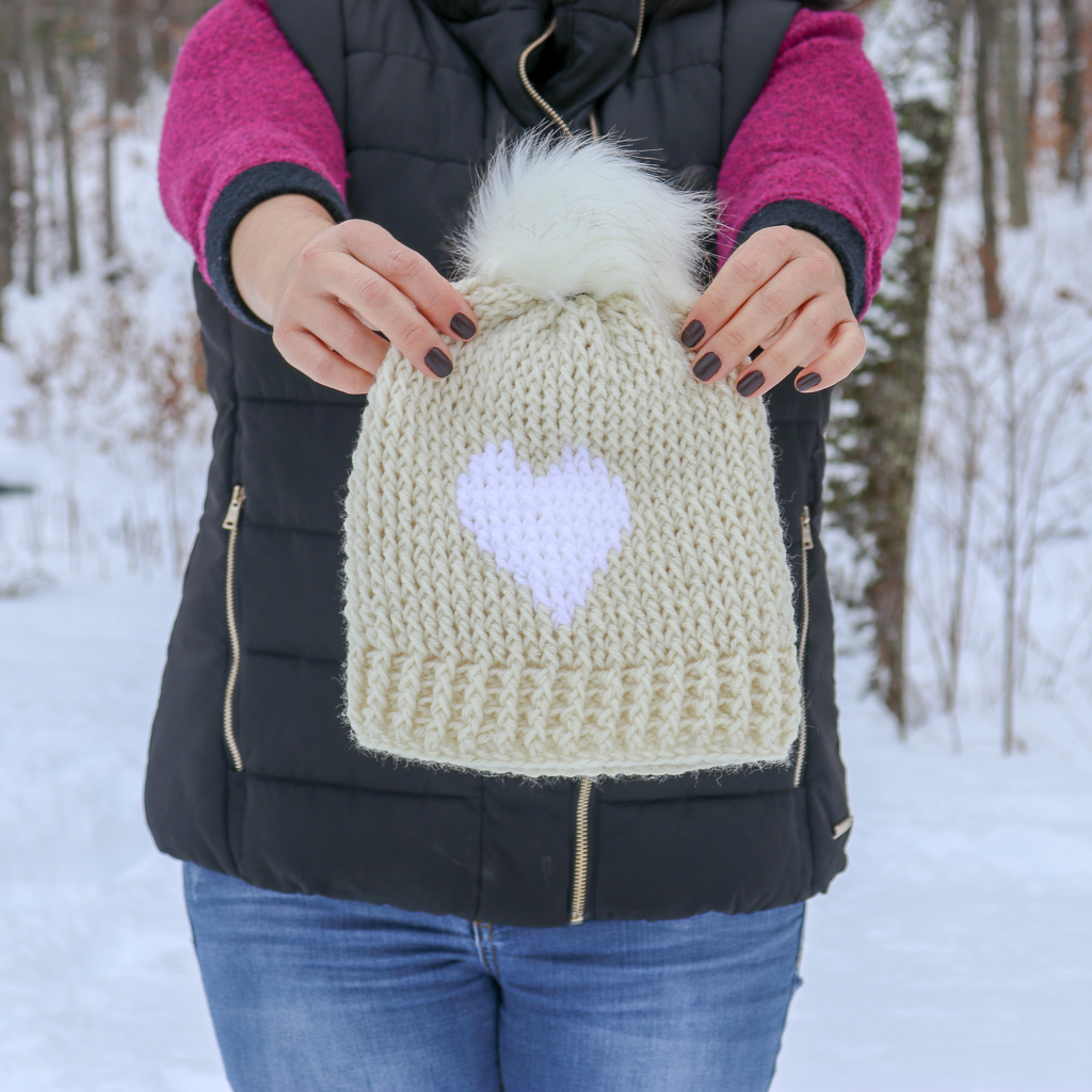 My Big Heart hat in Red Heart with Love in Aran and White with a faux fur pom-pom