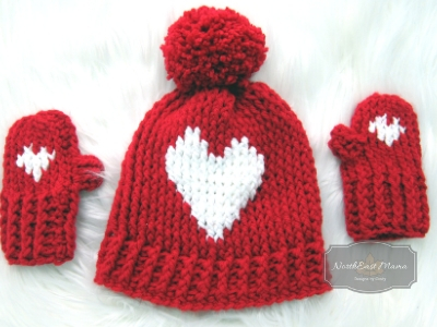 My Big Heart mittens in Red Heart with Love in Red and White with a matching red yarn pom-pom